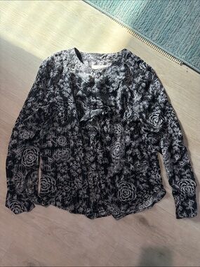 LOFT Black and White Floral Ruffle-Front Blouse